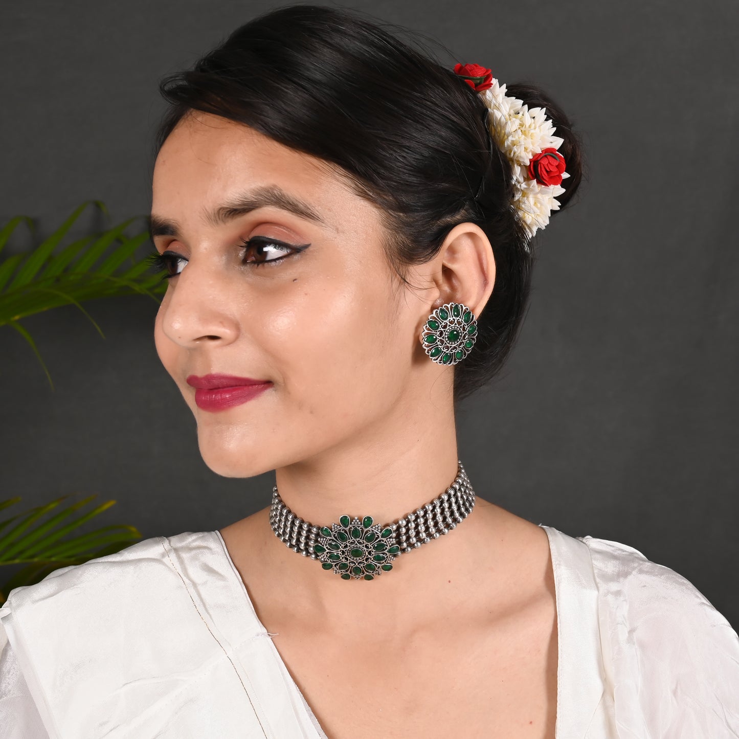 Tanusha Jewels Oxidised Choker Set For Womens & Girls (1Choker & 1Earring)