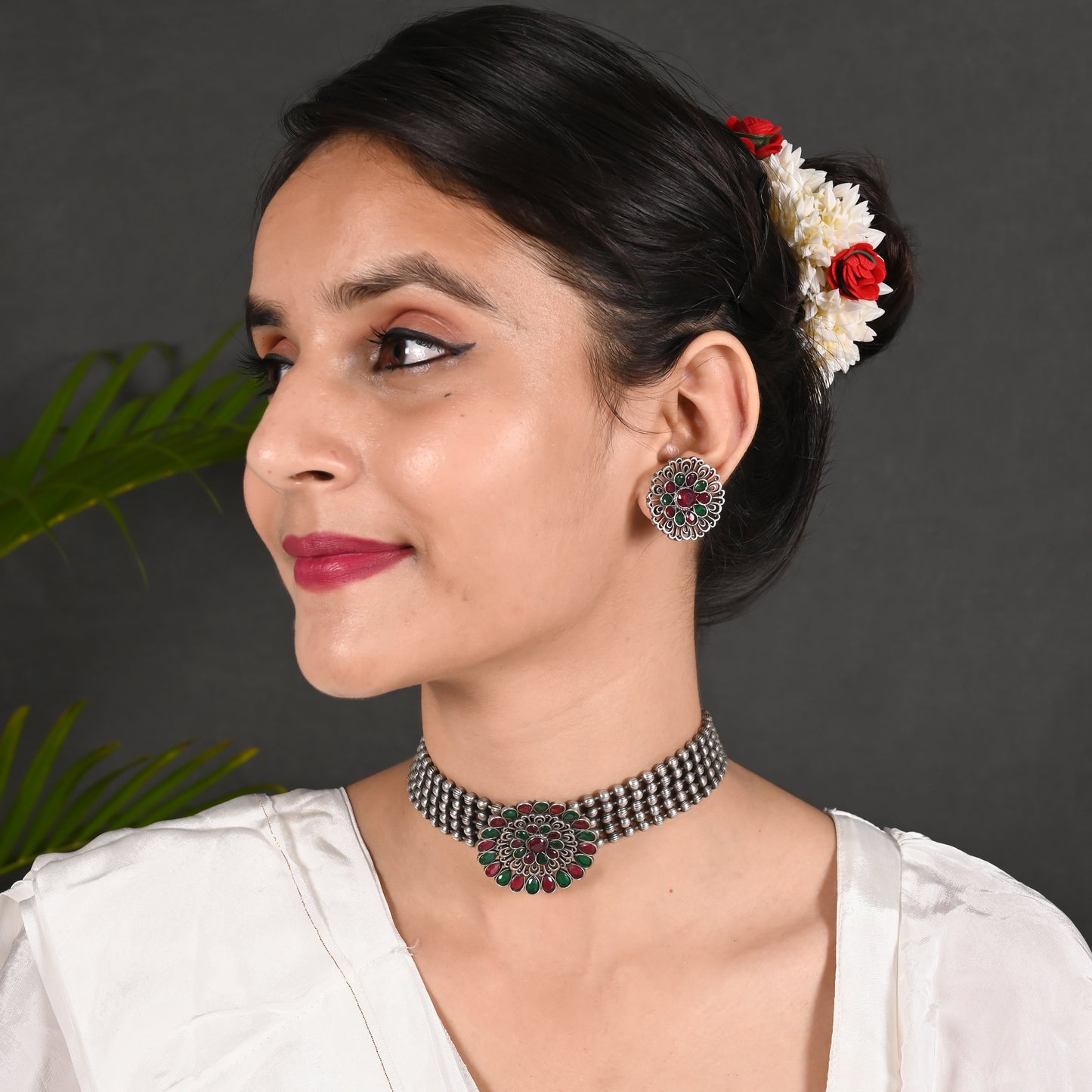 Tanusha Jewels Stunning Matte Looking Floral Choker Jewel Set (1Choker & 1Earing)