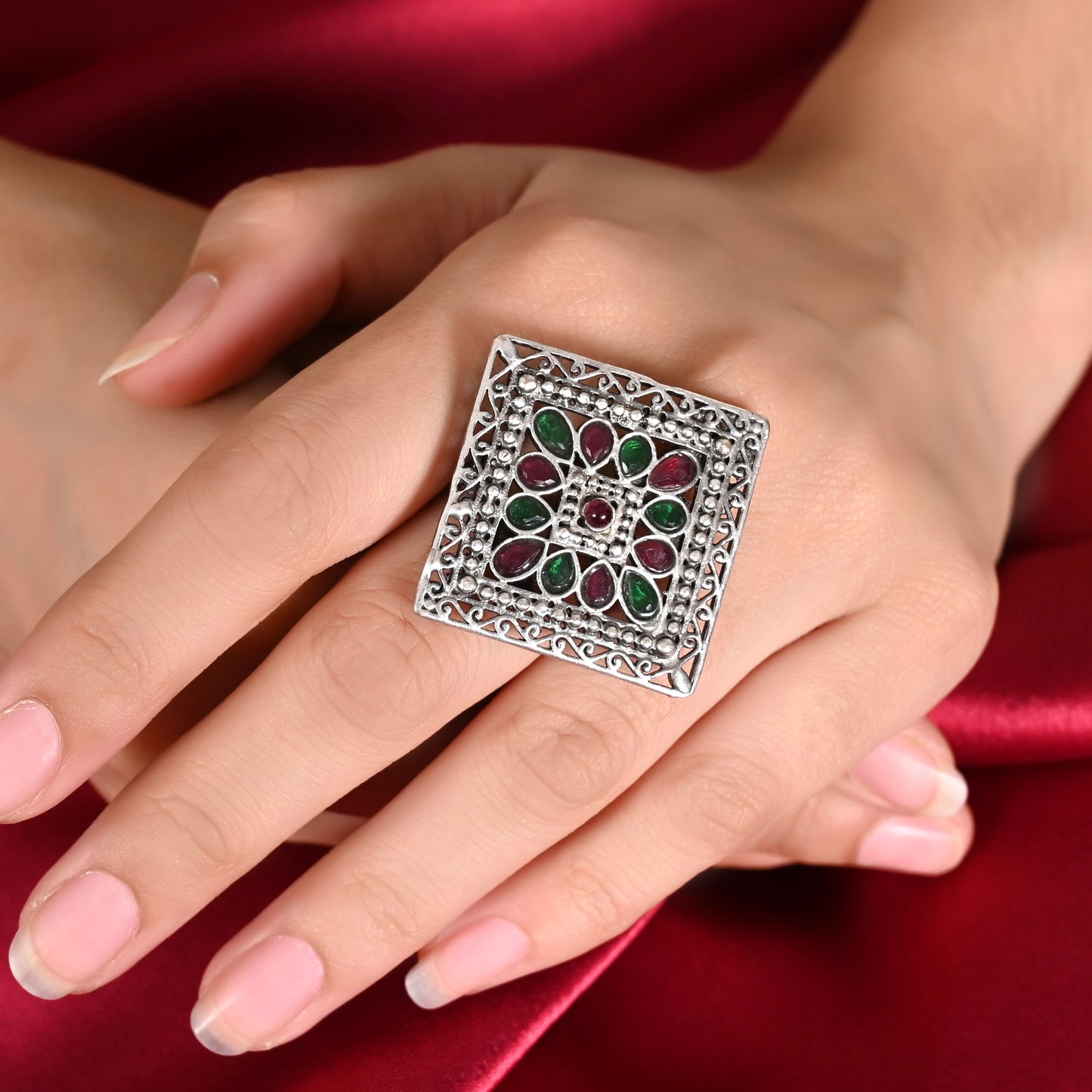 Tanusha Jewels Oxidised Square Brass Ring with Adjustable Size For Womens & Girls