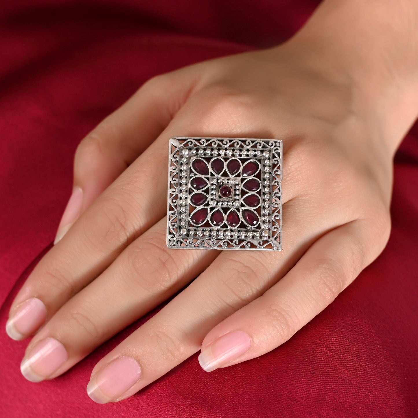 Tanusha Jewels Oxidised Square Brass Ring with Adjustable Size For Womens & Girls