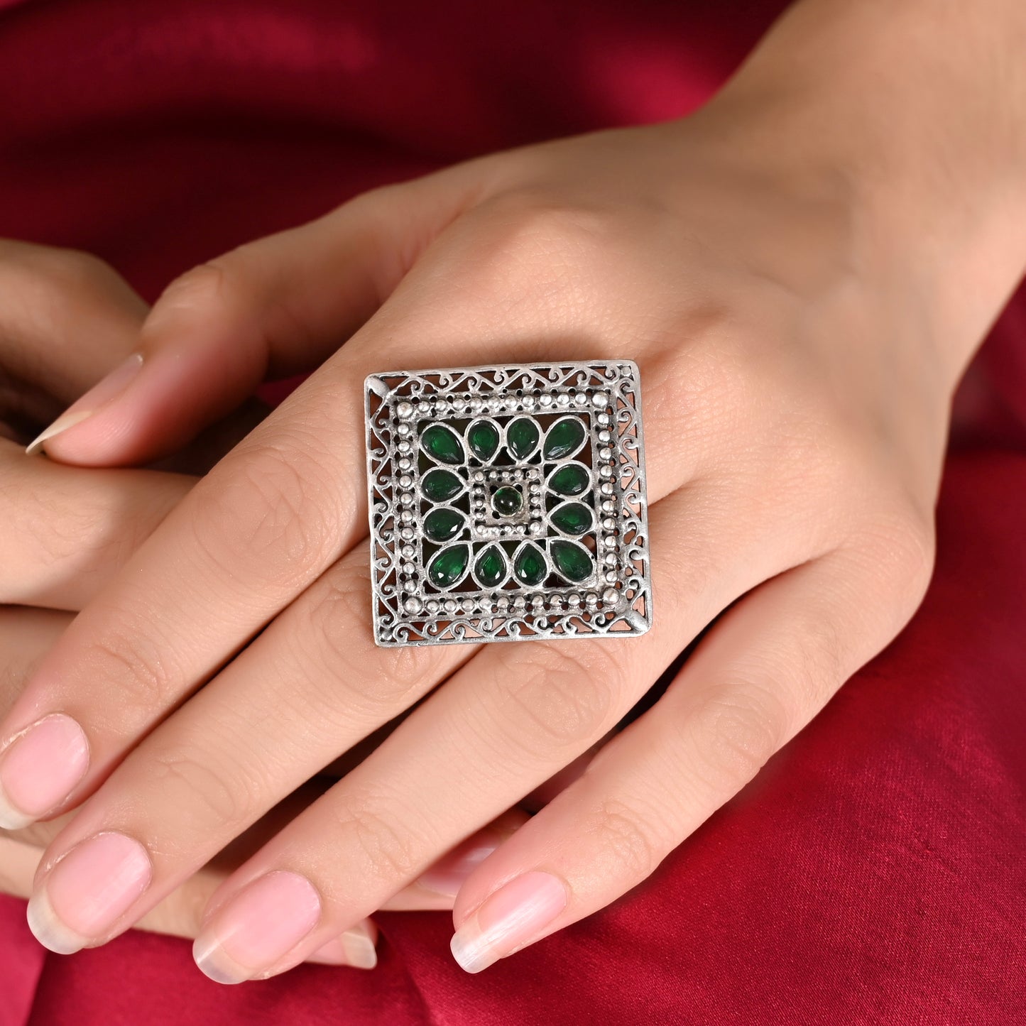 Tanusha Jewels Oxidised Square Brass Ring with Adjustable Size For Womens & Girls