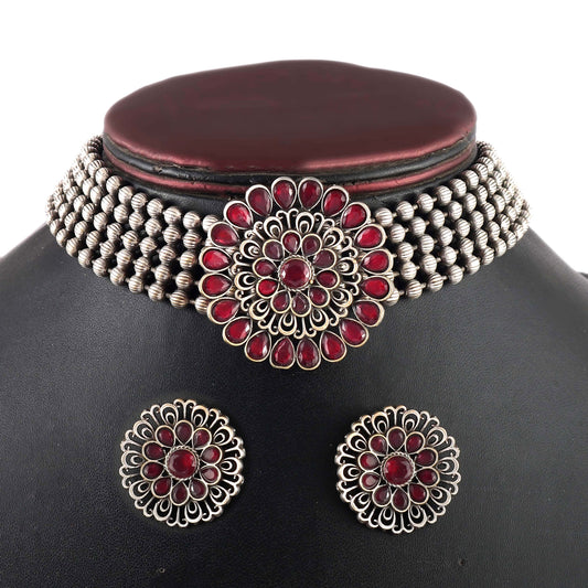 Tanusha Jewels Stunning Matte Looking Floral Choker Jewel Set (1Choker & 1Earing)