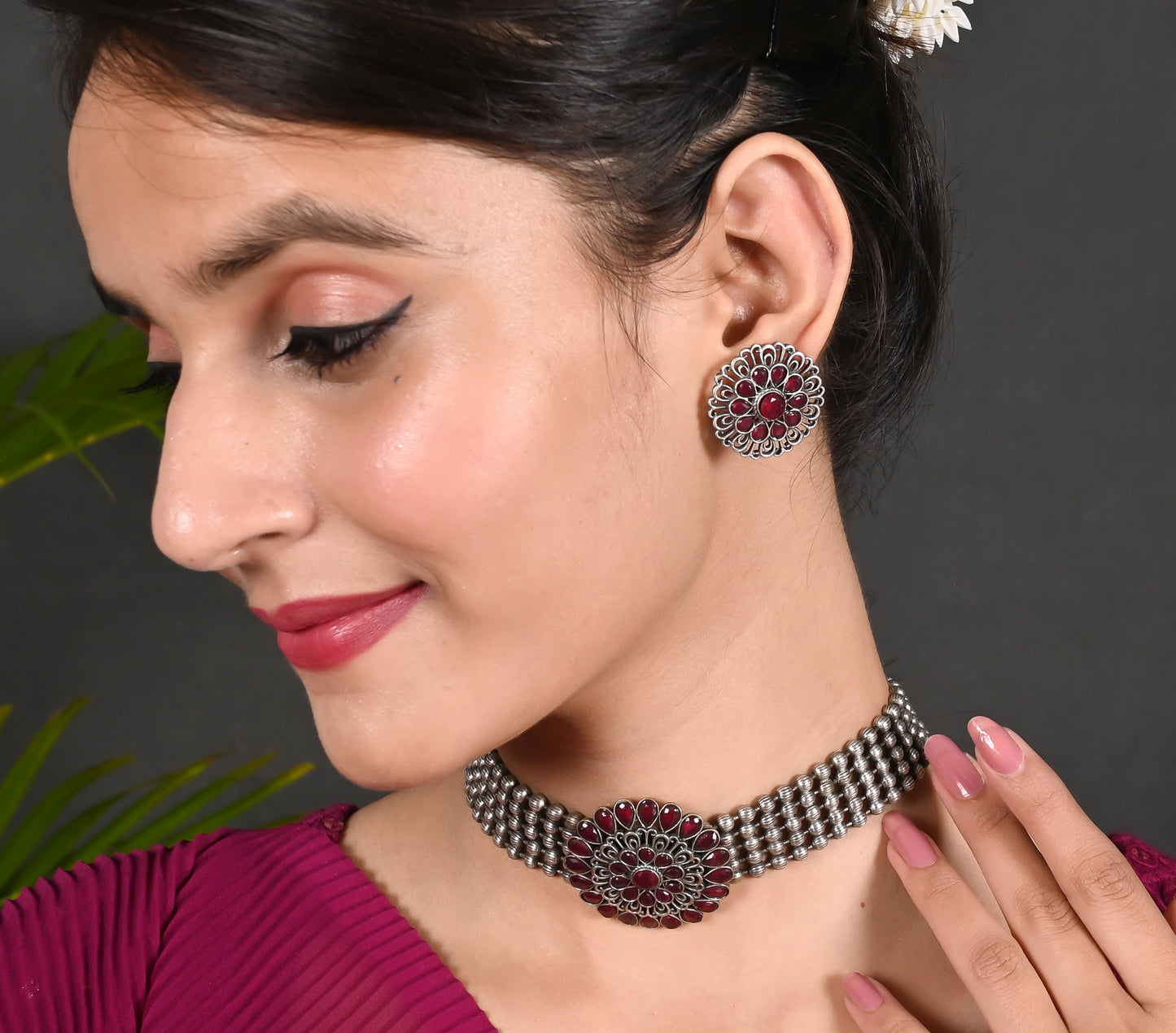 Tanusha Jewels Oxidised Choker Set For Womens & Girls (1choker & 1Earrings)