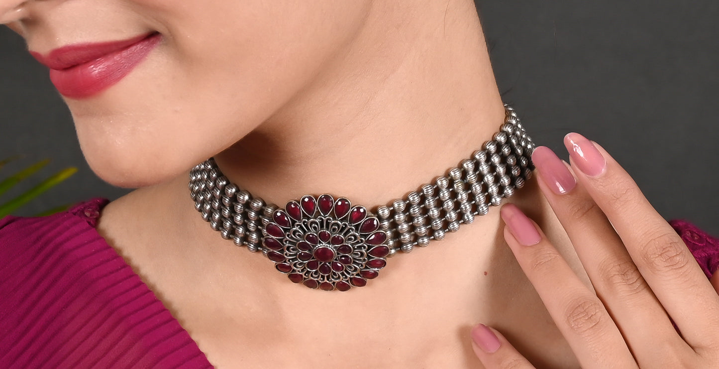 Tanusha Jewels Oxidised Choker Set For Womens & Girls (1choker & 1Earrings)