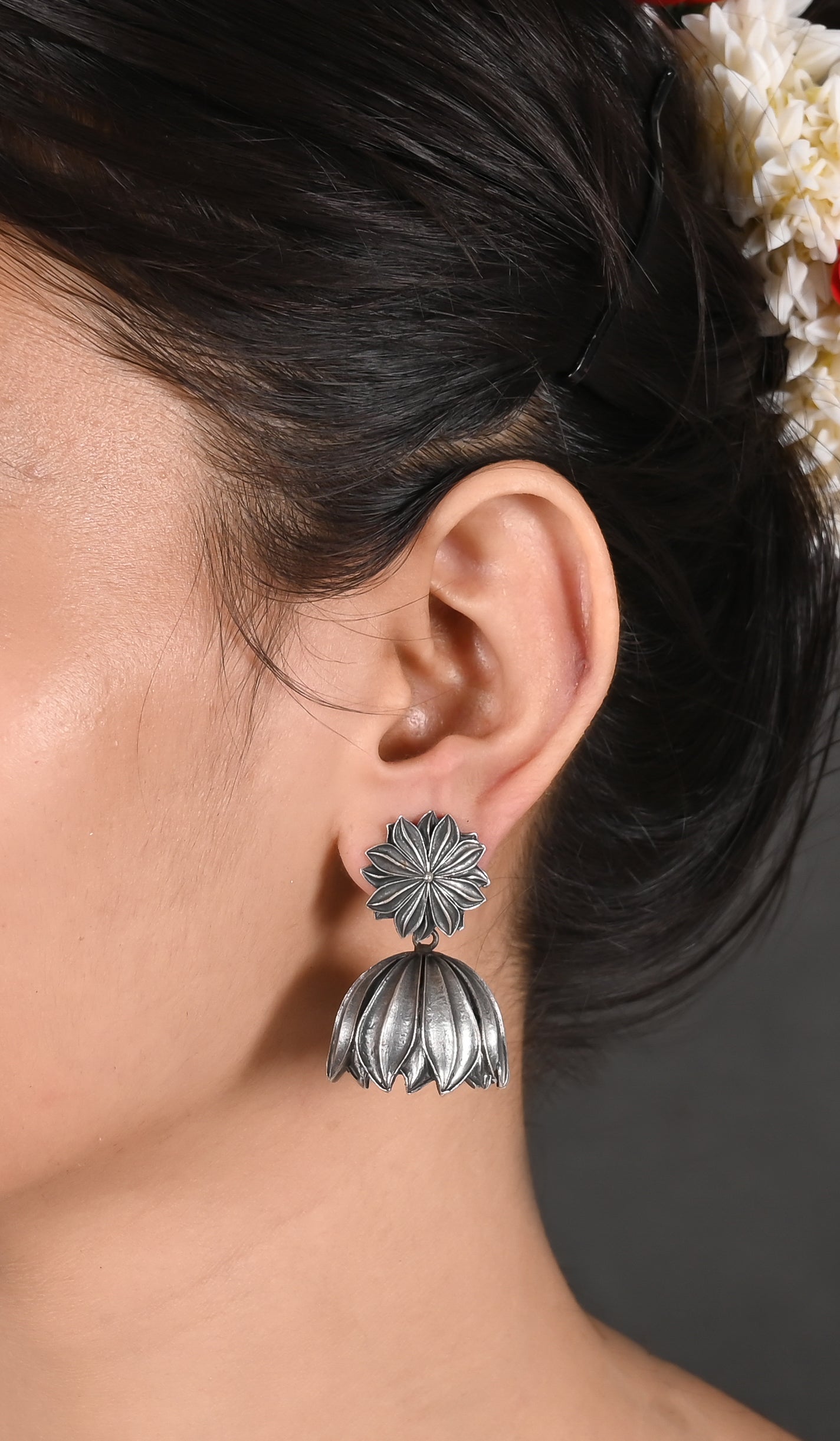 Oxidised Lotus Jhumki Earrings For Womens