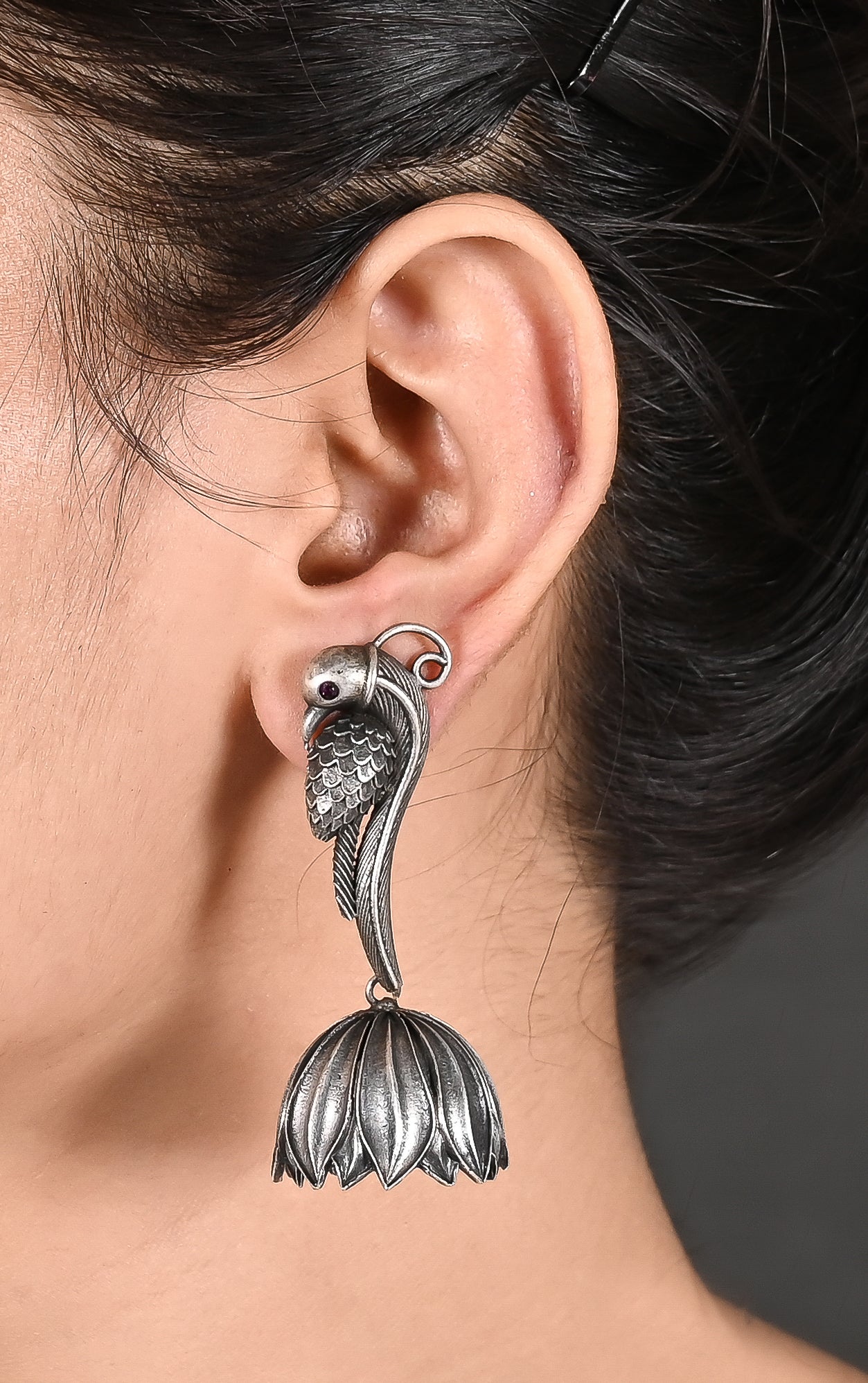 Tanusha Jewels Oxidised Parrot-Lotus Jhumki Earrings For Womens