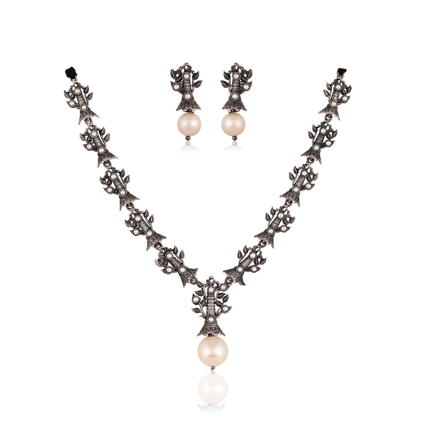 Tanusha Jewels Stunning Oxidised Looking V-Shape Necklace Set (1Necklace & 1Earing)