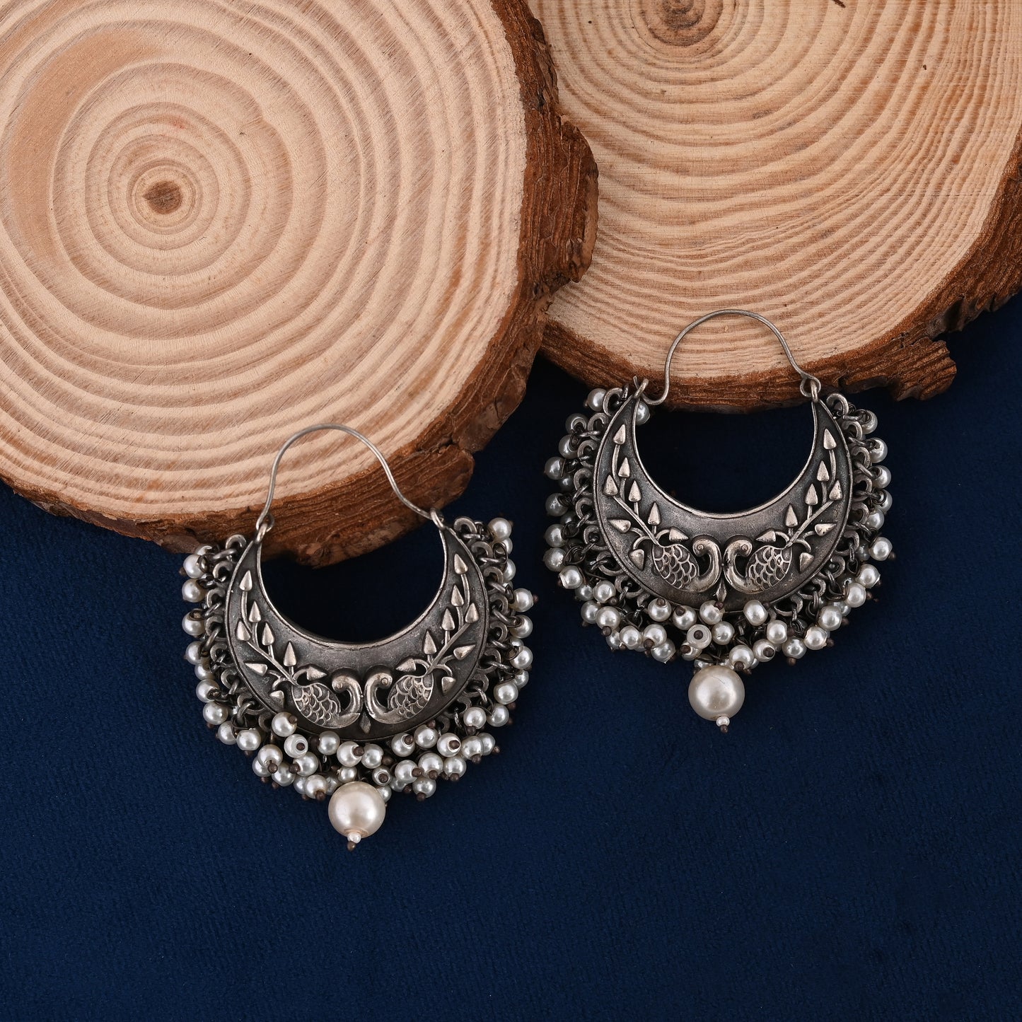 Tanusha Jewels Oxidised Chandbali With Pearl Beaded Brass Earring For Womens Stylish