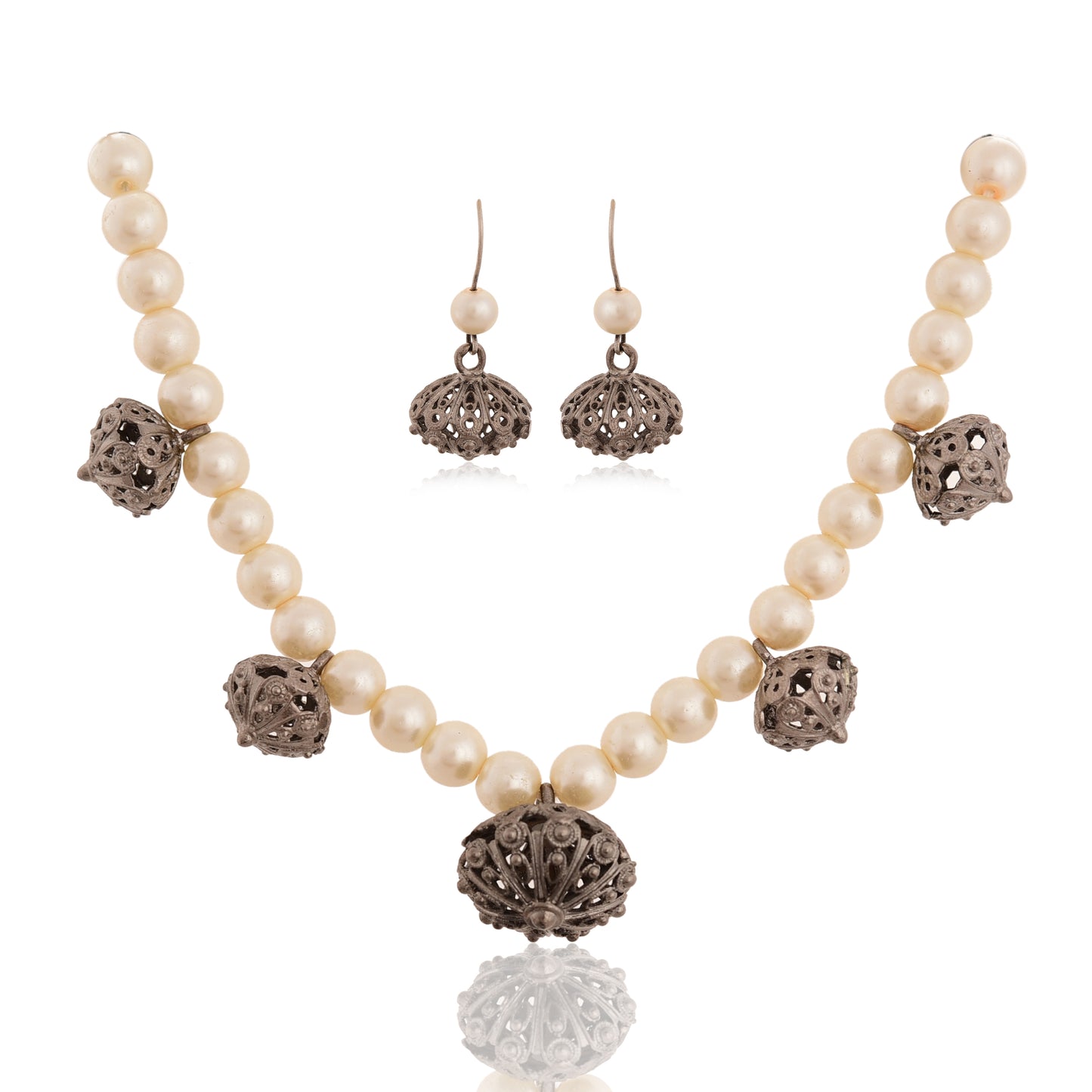 Tanusha Jewels Oxidised Pearl Beaded Necklace & Earing Set For Womens