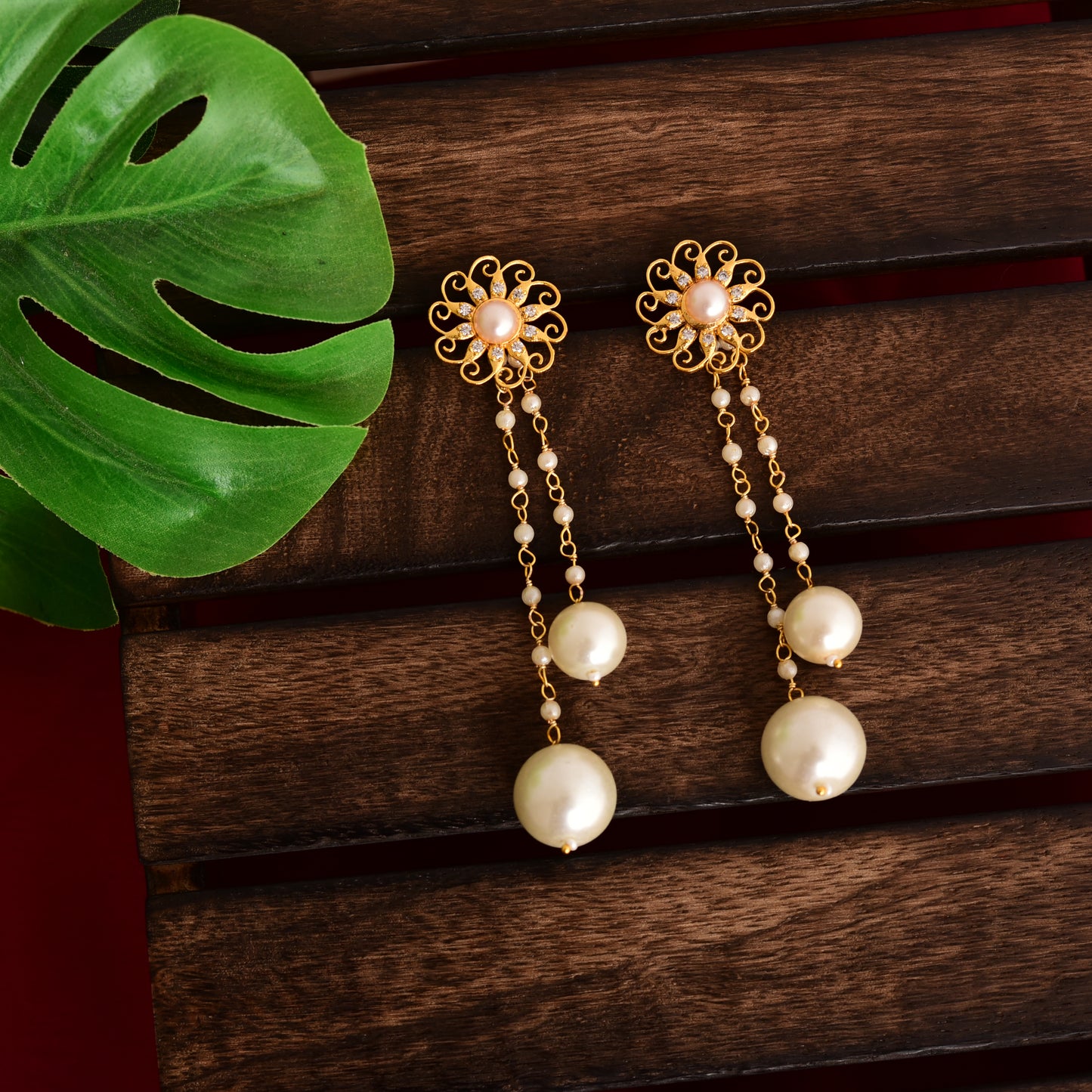 Traditional Brass & Zircon Drop Earrings With Removal Pearls For Girls & Womens