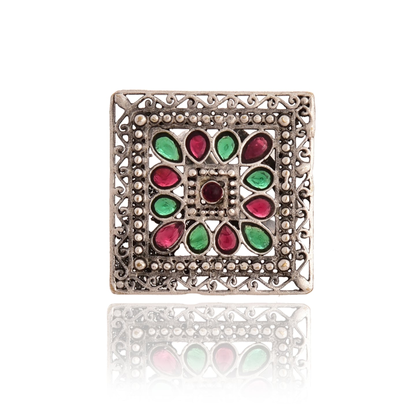 Tanusha Jewels Oxidised Square Brass Ring with Adjustable Size For Womens & Girls