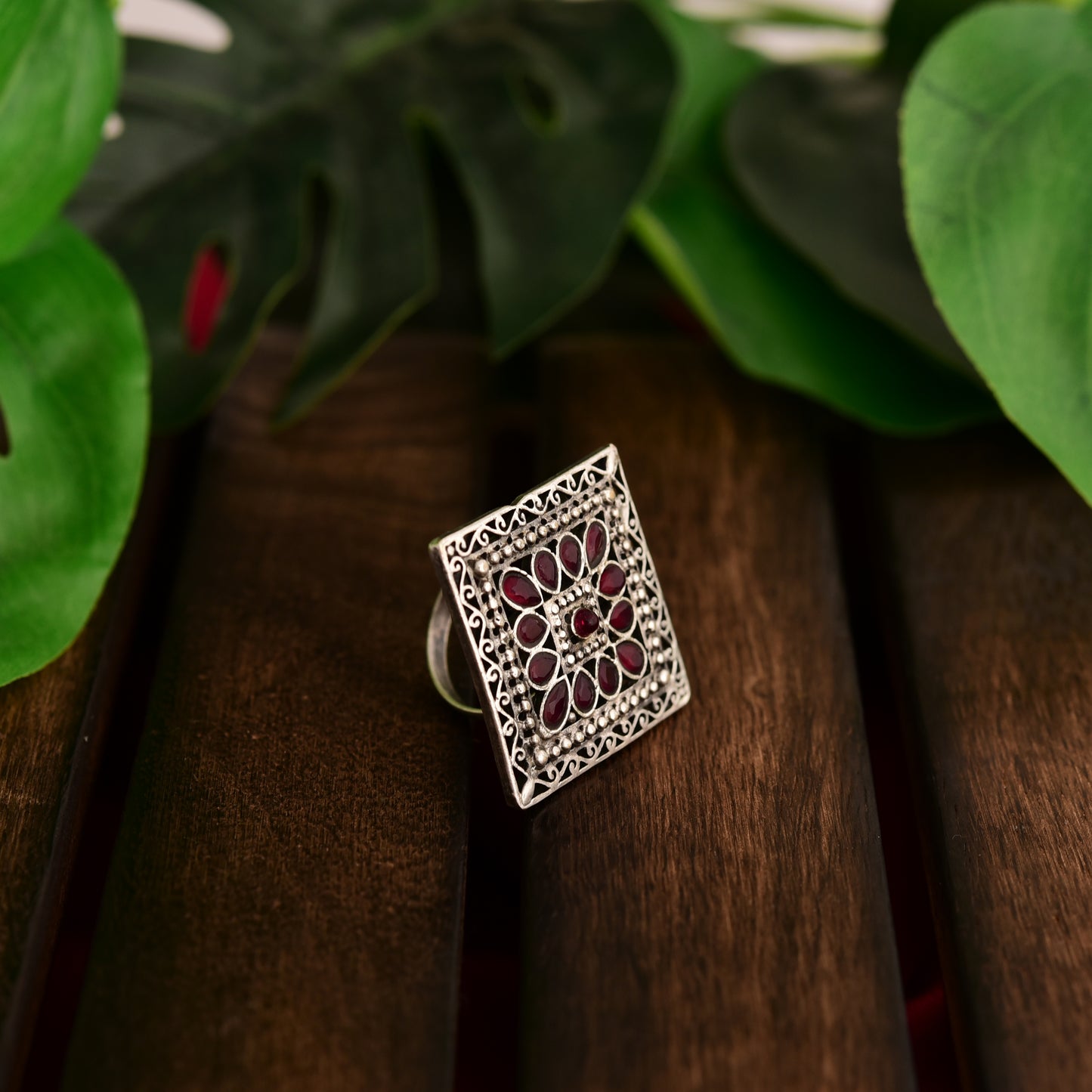 Tanusha Jewels Oxidised Square Brass Ring with Adjustable Size For Womens & Girls