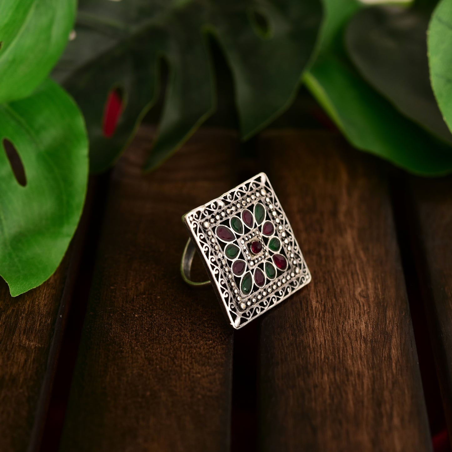 Tanusha Jewels Oxidised Square Brass Ring with Adjustable Size For Womens & Girls