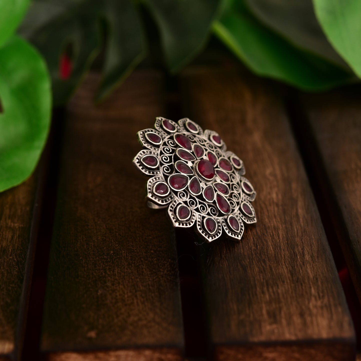 Tanusha Jewels Beautiful Oxidised Floral Drop Brass Ring with Adjustable Size For Womens & Girls