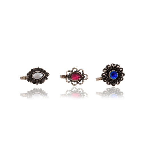 Tanusha Jewels Oxidised Clip On Nosepin Set || Multicolour || Pack of 3