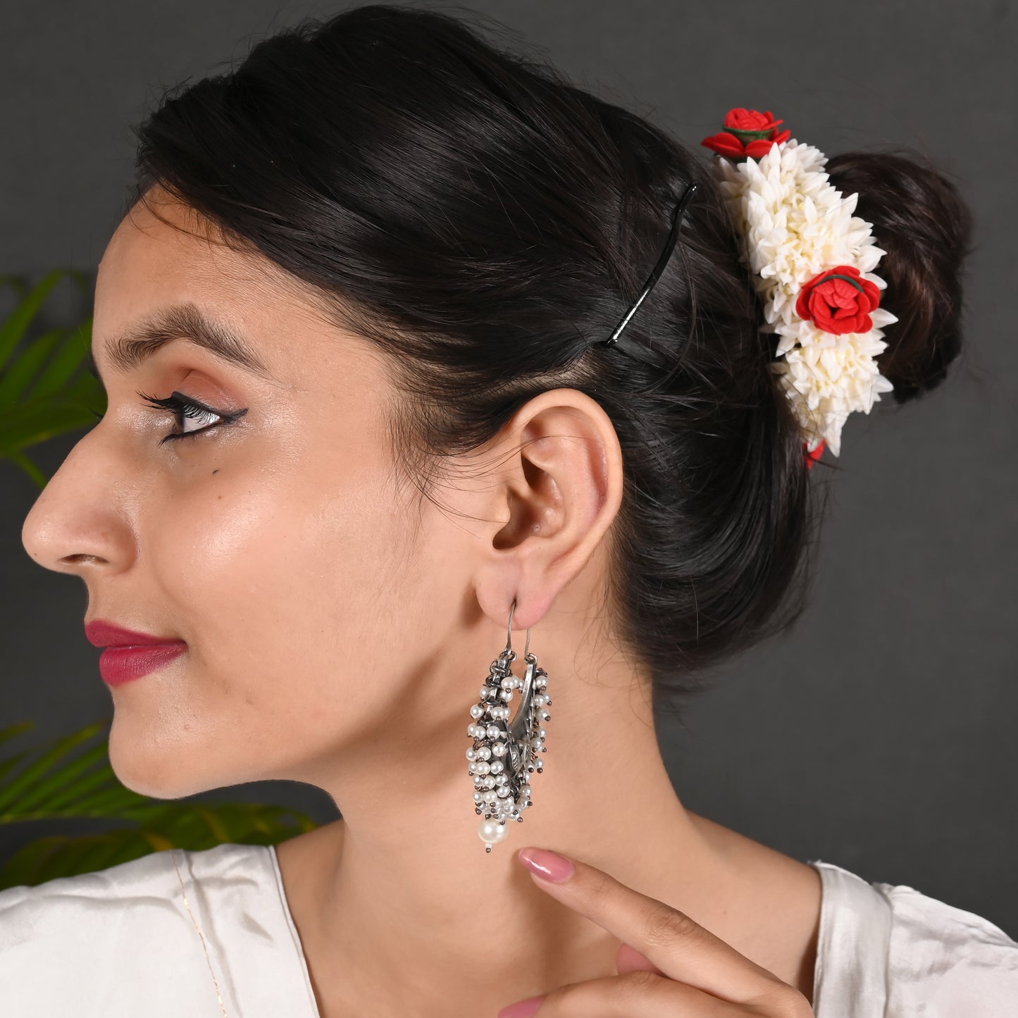 Tanusha Jewels Oxidised Chandbali With Pearl Beaded Brass Earring For Womens Stylish